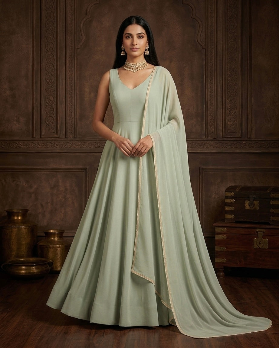 Naaz: Pastel Green Anarkali Kurta Set with Dupatta by Velltiska