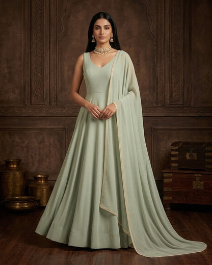 Naaz: Pastel Green Anarkali Kurta Set with Dupatta by Velltiska
