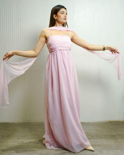 Raspberry Pastel Pink Gown by Velltiska with Scarf