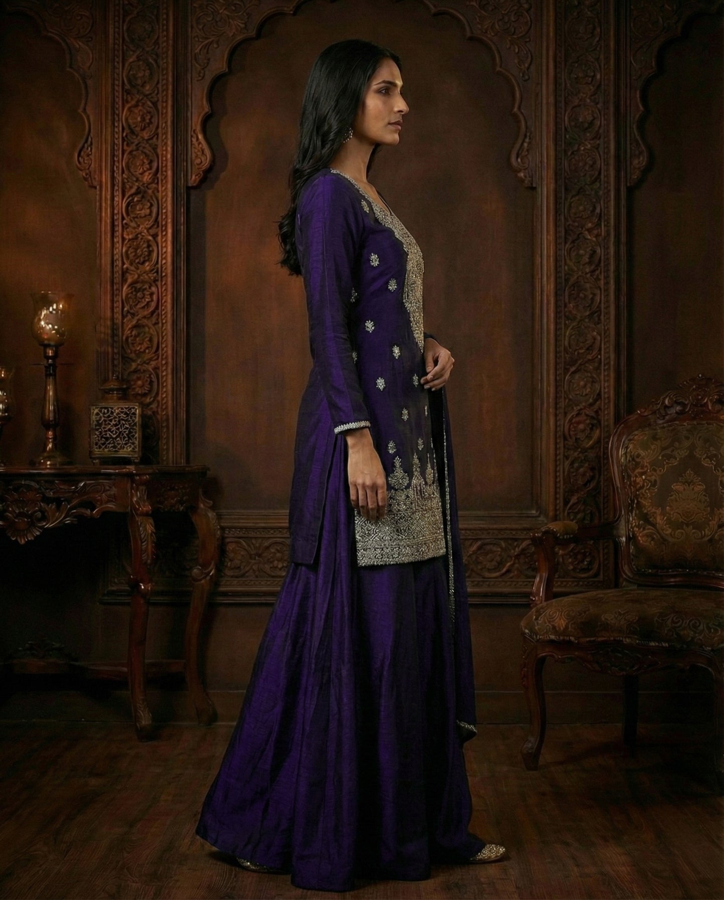 Meera: Royal Indigo Embroidered Sharara Set by Velltiska