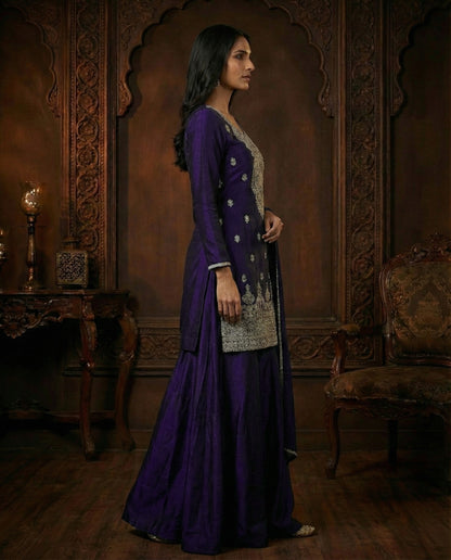 Meera: Royal Indigo Embroidered Sharara Set by Velltiska