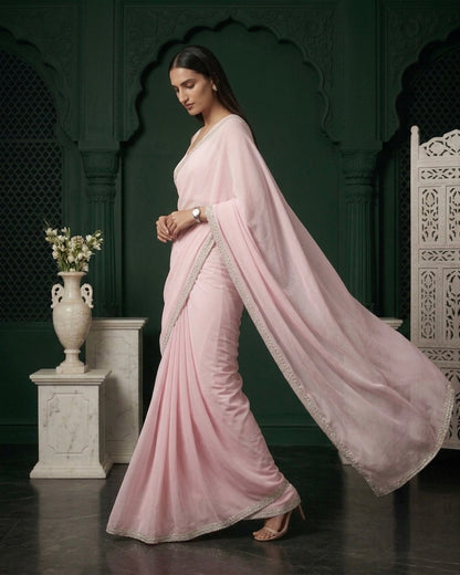 Ramona: Pastel Pink Heavy Georgette Saree with Golden Lace