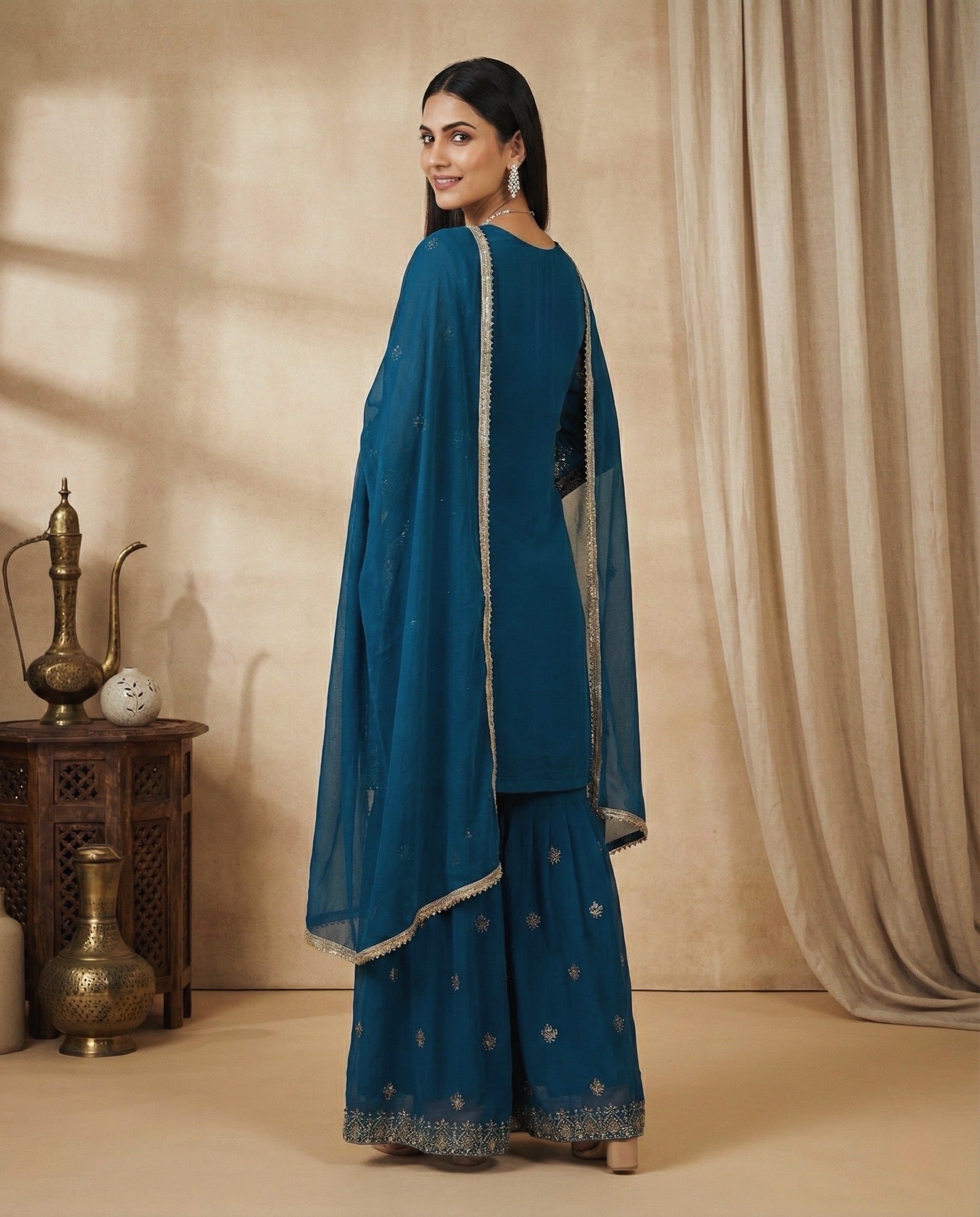 Aarohi: Teal Blue Embroidered Sharara Set by Velltiska