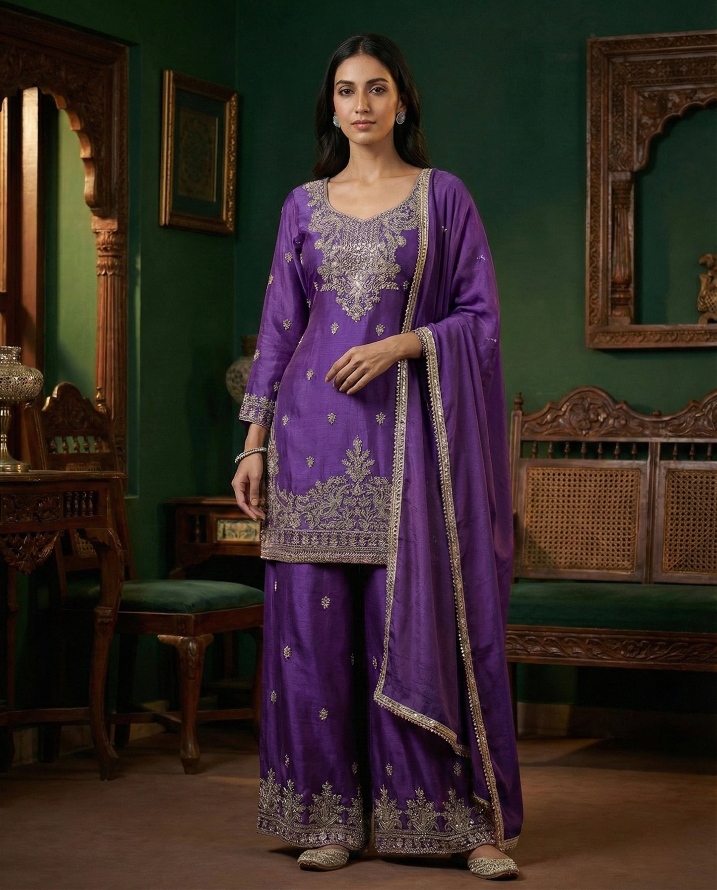 Saba: Rich Violet Embroidered Kurta and Pant Set by Velltiska