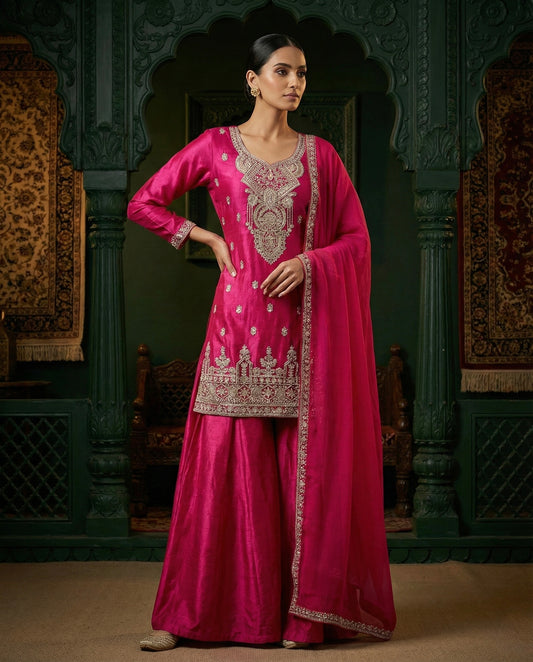 Rubaab: Deepest Pink Embroidered Sharara Set by Velltiska