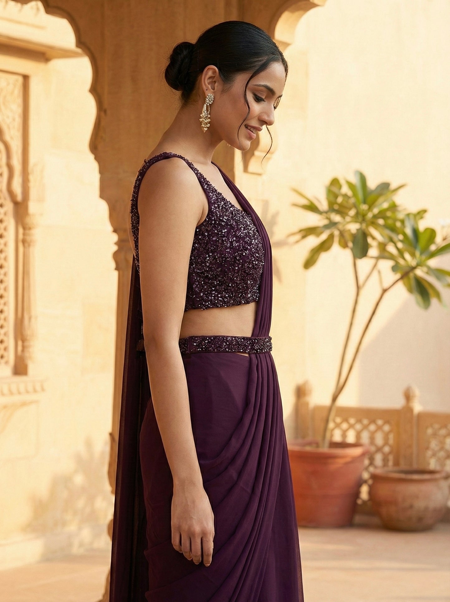 Ophelia: Regal Wine Pre Draped Saree Set by Velltiska