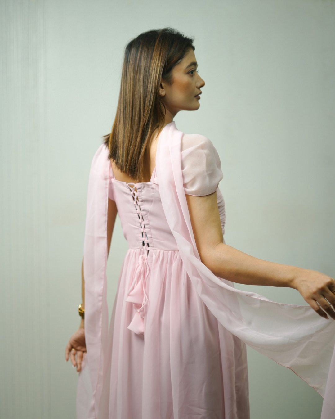 Raspberry Pastel Pink Gown by Velltiska with Scarf