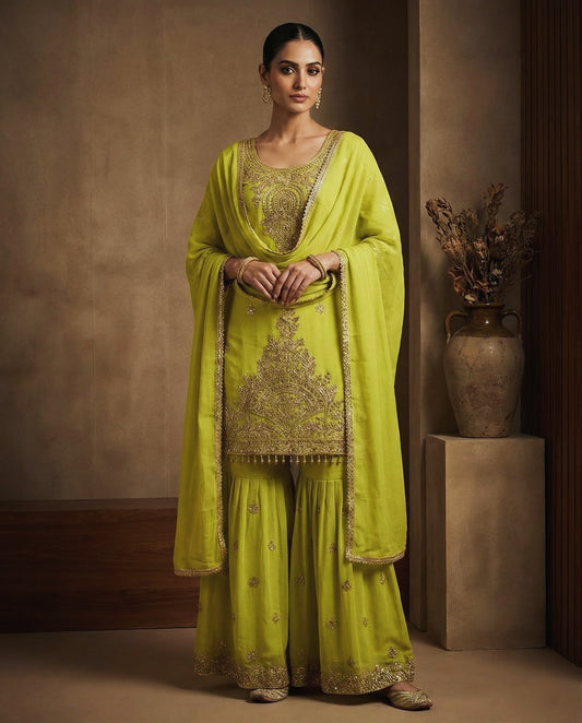 Ravya: Lime Green Embroidered Sharara Set by Velltiska