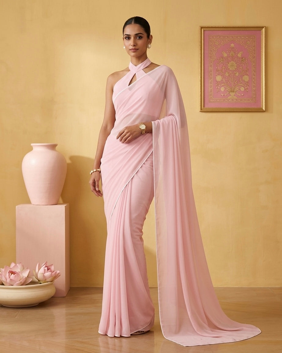 Roohi: Pastel Pink Heavy Georgette Saree with White Piping