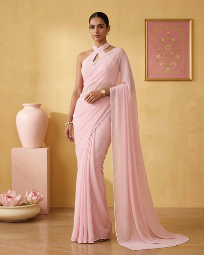 Roohi: Pastel Pink Heavy Georgette Saree with White Piping