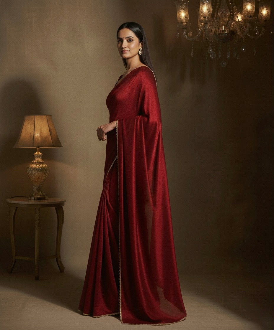 Maharani: Dark Maroon Pre Draped Saree by Velltiska with Golden Lace
