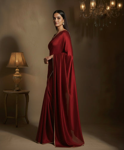 Maharani: Dark Maroon Pre Draped Saree by Velltiska with Golden Lace