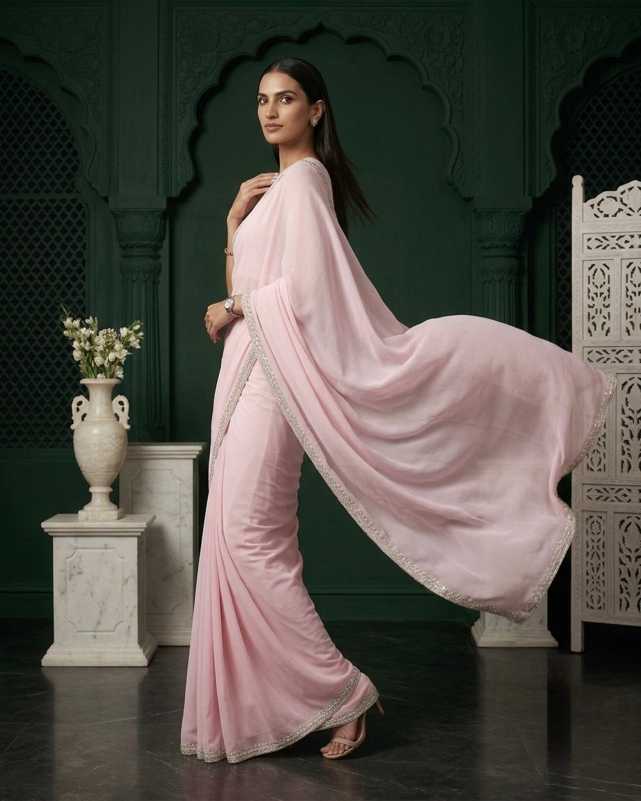 Ramona: Pastel Pink Heavy Georgette Saree with Golden Lace