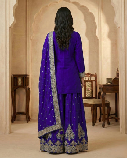 Naqsh: Royal Blue Emboidered Kurta and Skirt Set by Velltiska
