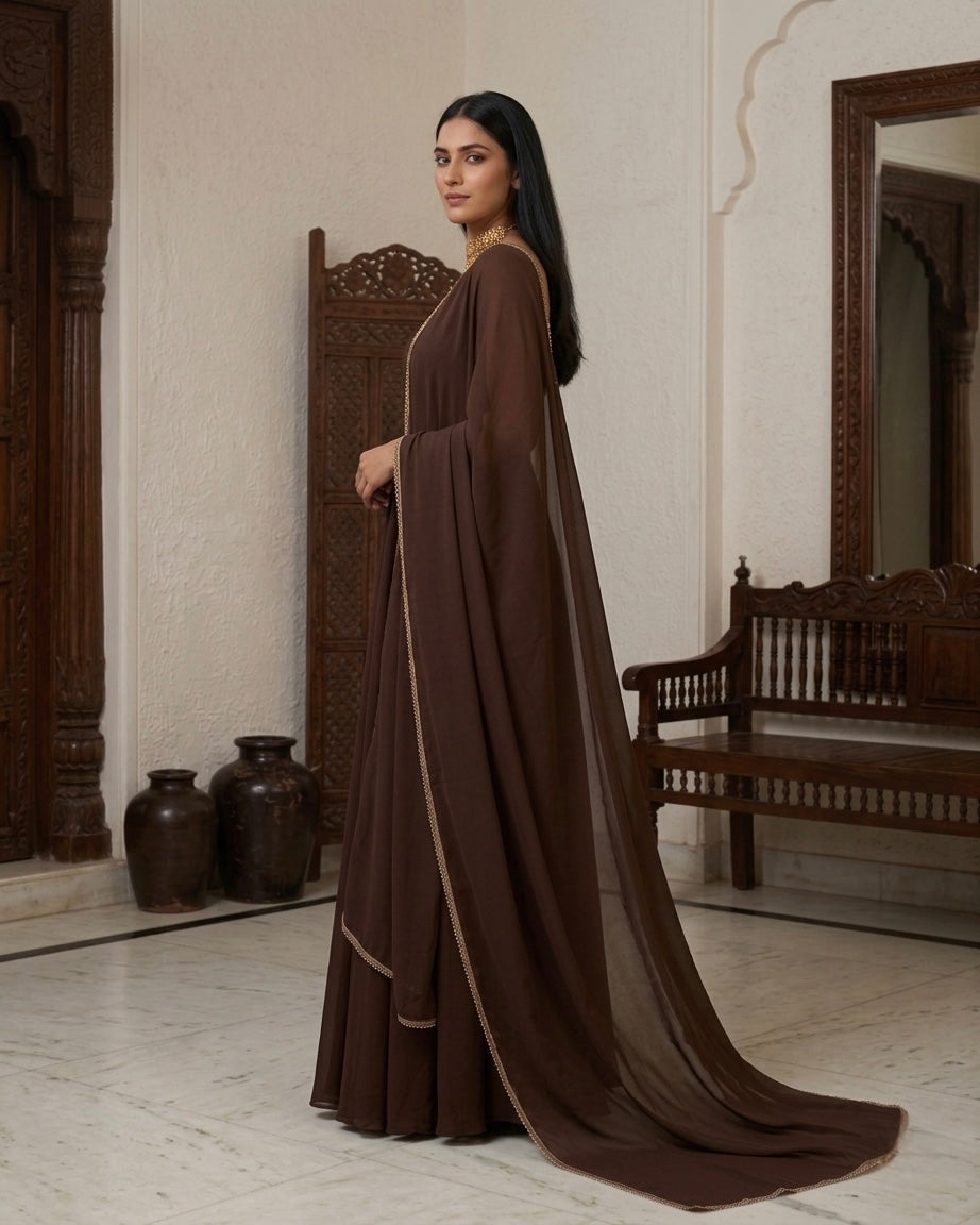 Qahva: Espresso Brown Anarkali Kurta Set with Dupatta by Velltiska
