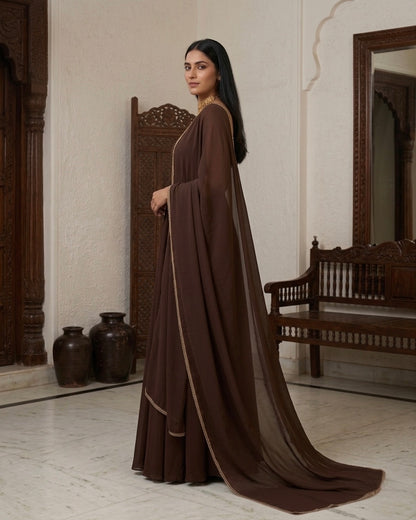 Qahva: Espresso Brown Anarkali Kurta Set with Dupatta by Velltiska