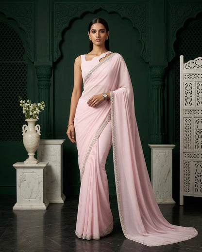 Ramona: Pastel Pink Heavy Georgette Saree with Golden Lace