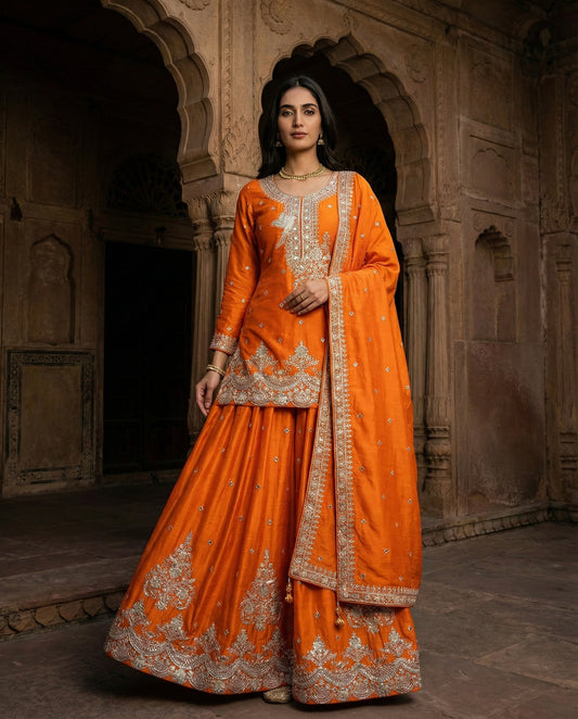 Hoor: Bright Orange Emboidered Kurta and Skirt Set by Velltiska