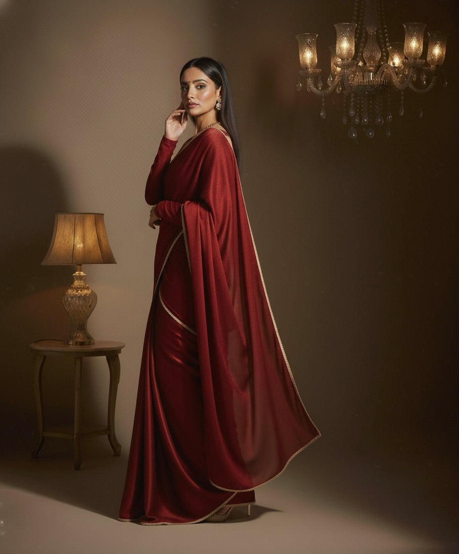 Maharani: Dark Maroon Pre Draped Saree by Velltiska with Golden Lace