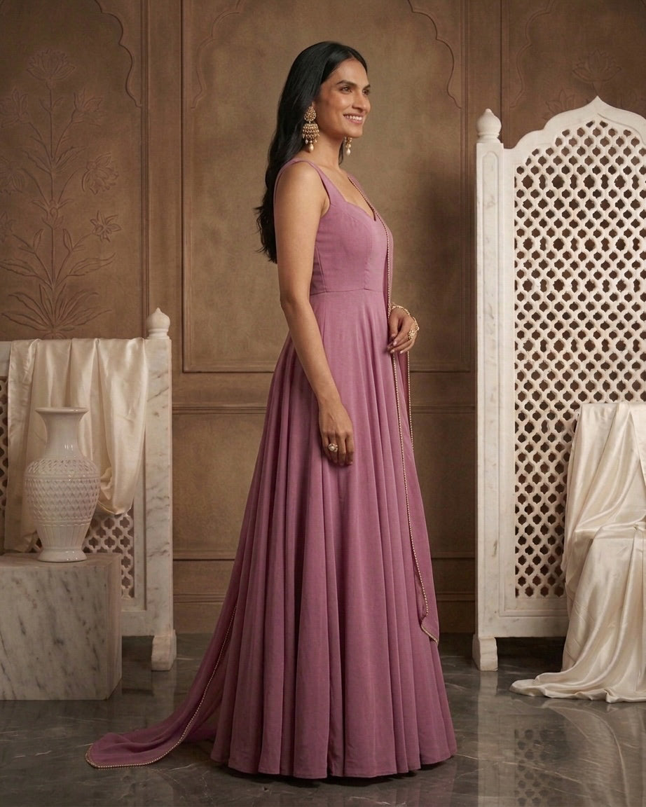 Gulzar: Mauve Pink Anarkali Kurta Set with Dupatta by Velltiska