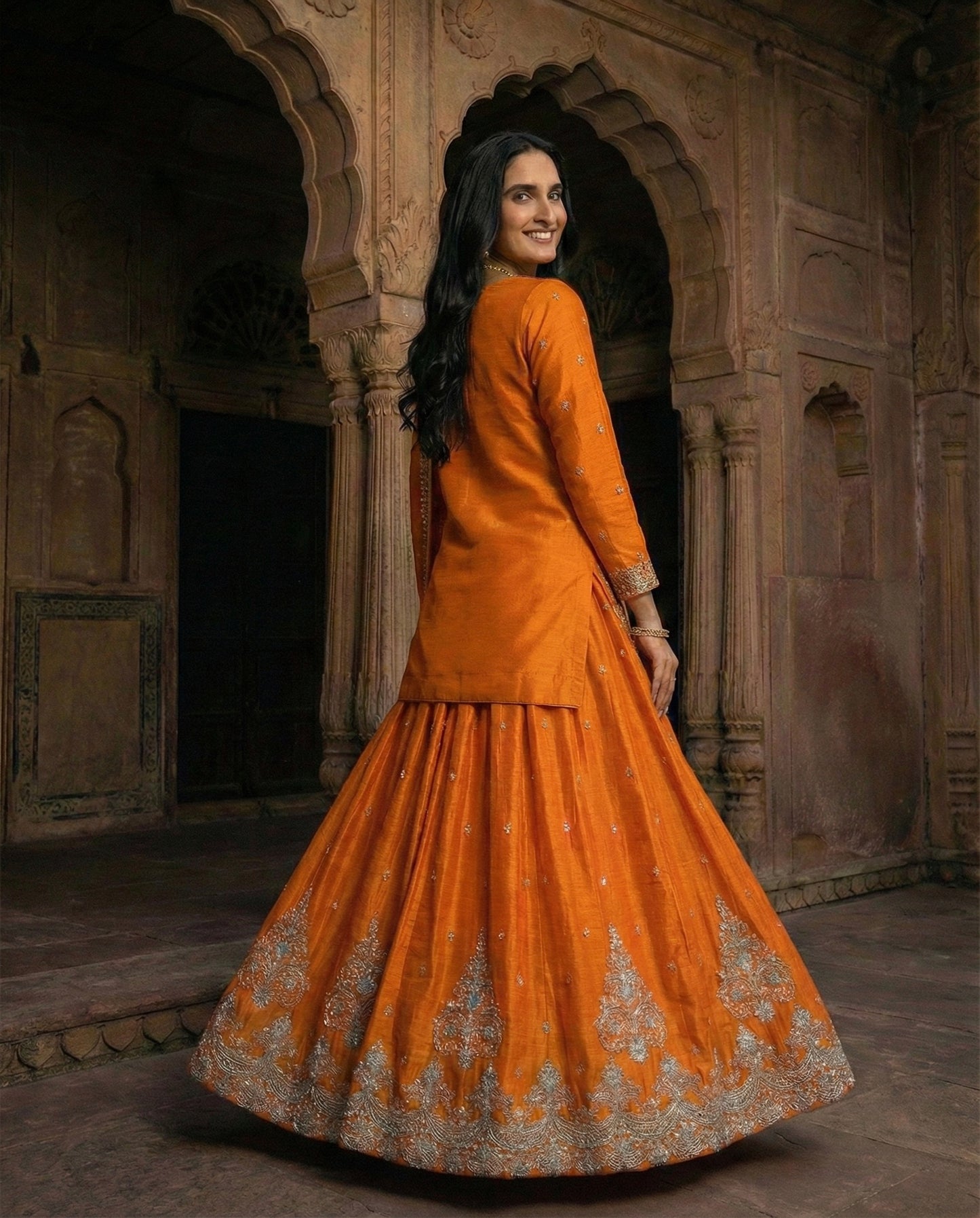 Hoor: Bright Orange Emboidered Kurta and Skirt Set by Velltiska