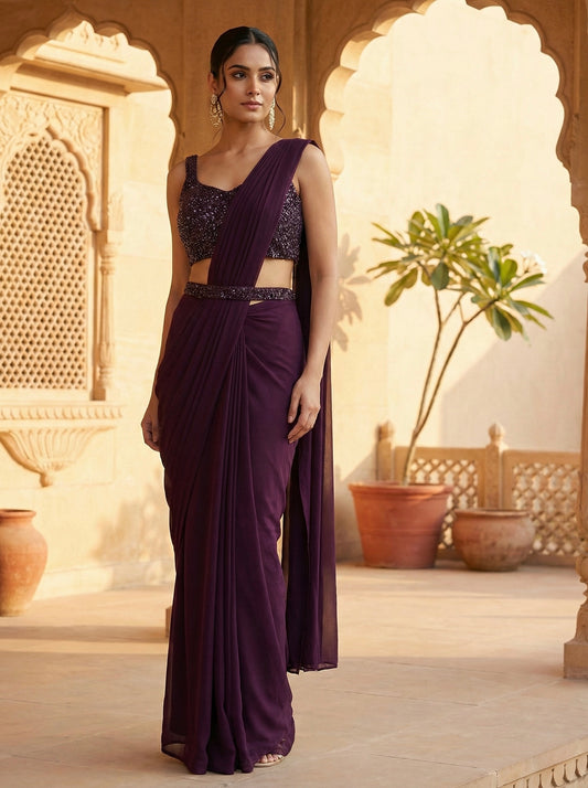 Ophelia: Regal Wine Pre Draped Saree Set by Velltiska
