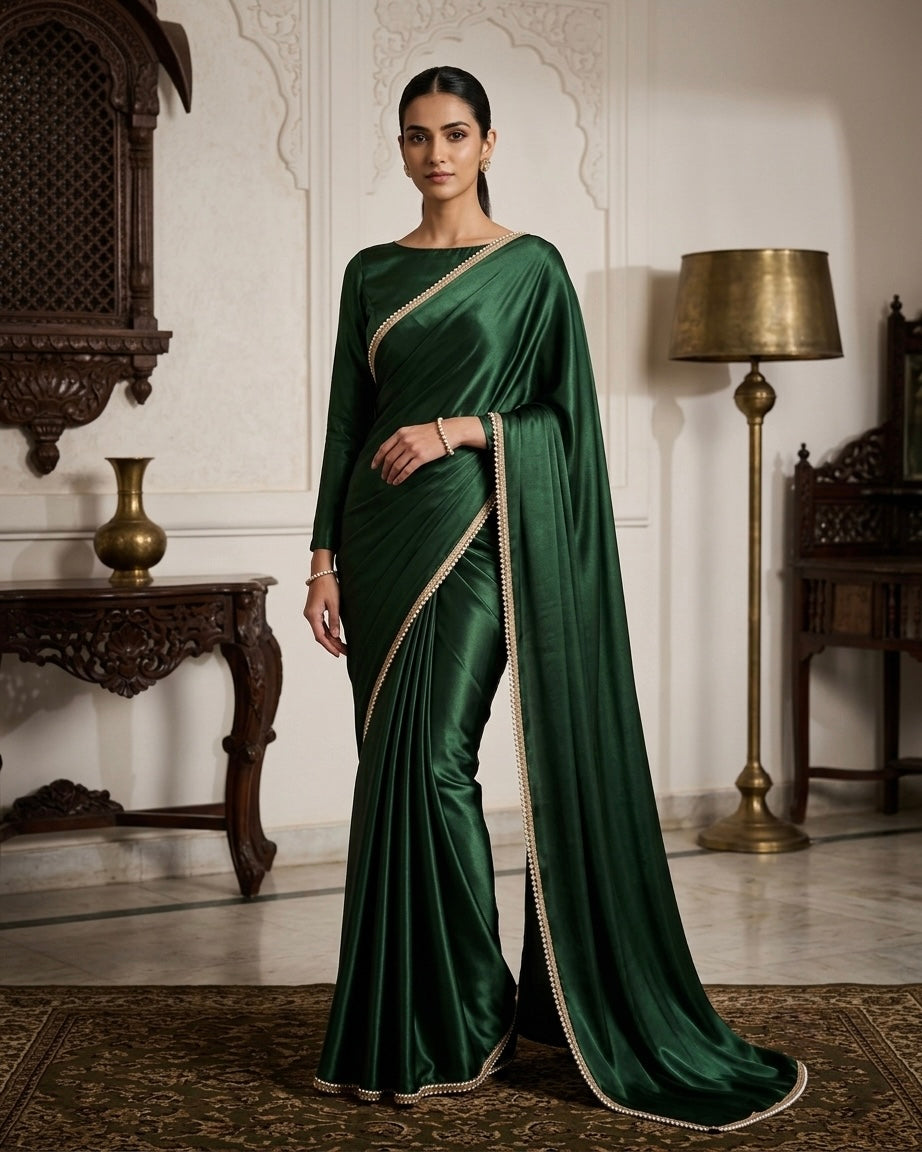Naazni: Emerald Green Pre Draped Saree by Velltiska with Golden Lace