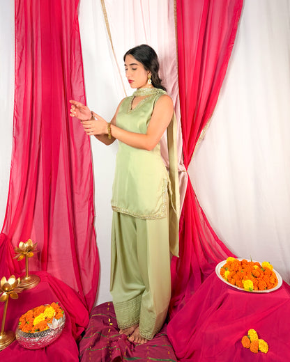 Bela: Pastel Green Farshi Salwar Coord Set by Velltiska