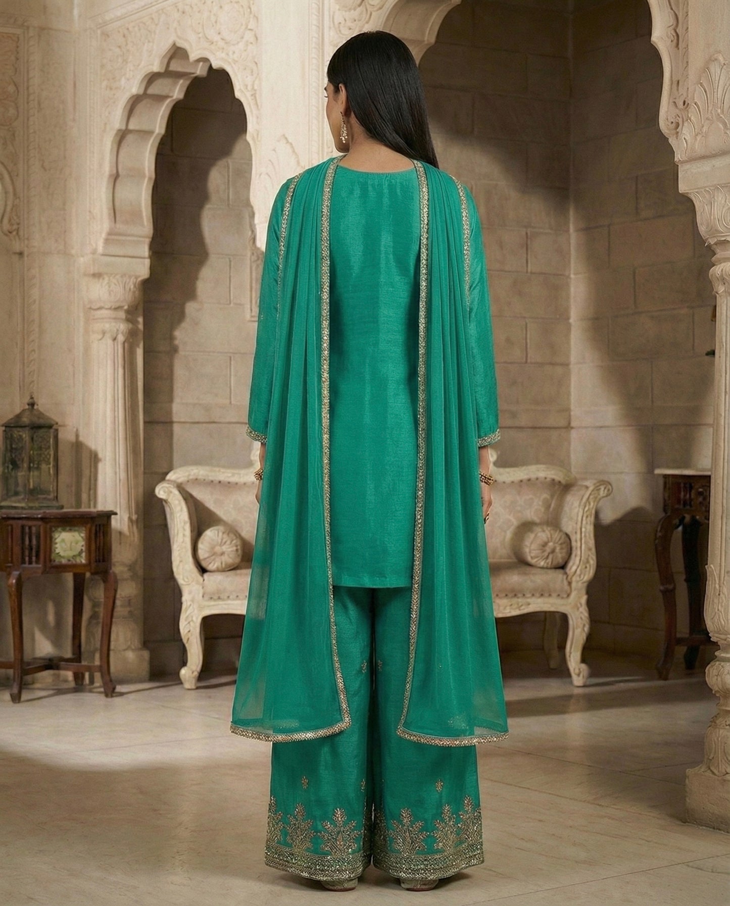 Rida: Teal Green Embroidered Kurta and Pant Set by Velltiska