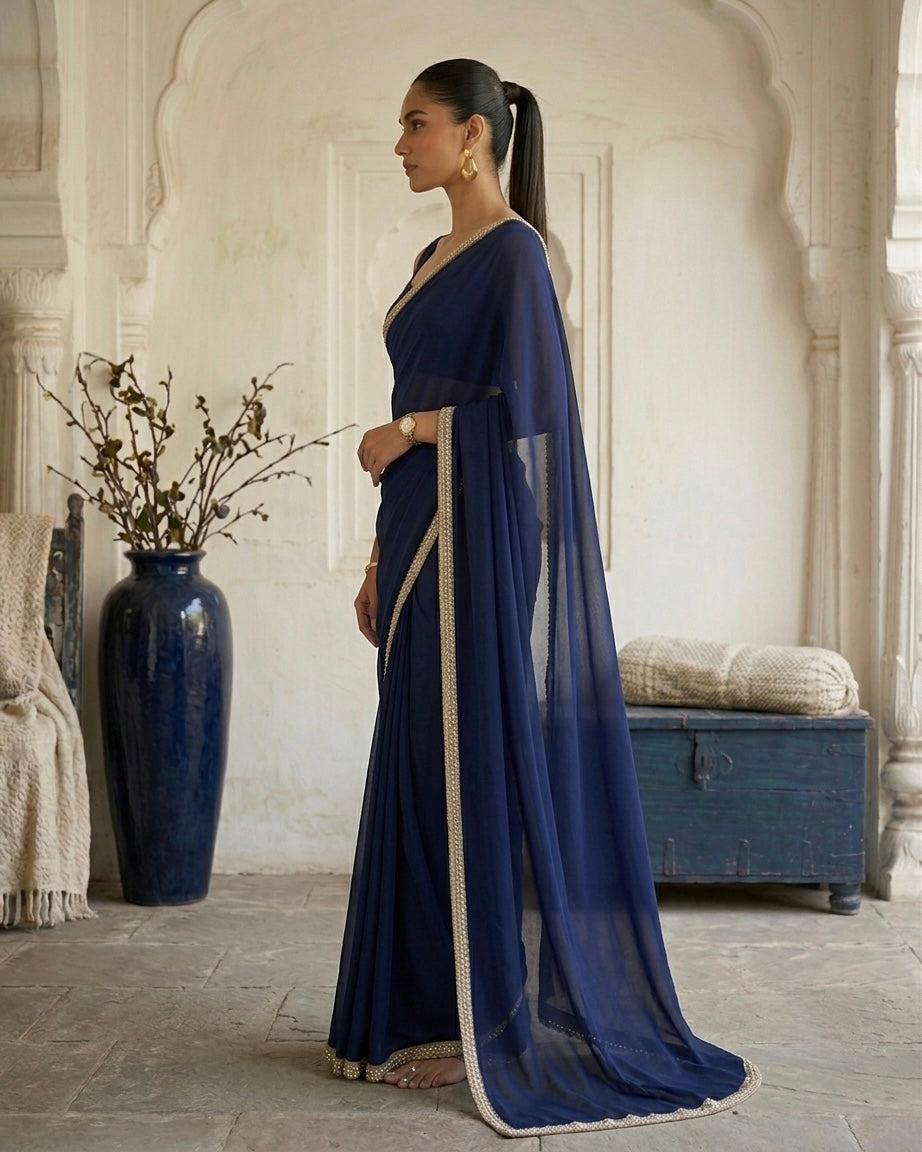 Zayra: Navy Blue Heavy Georgette Saree with Golden Lace