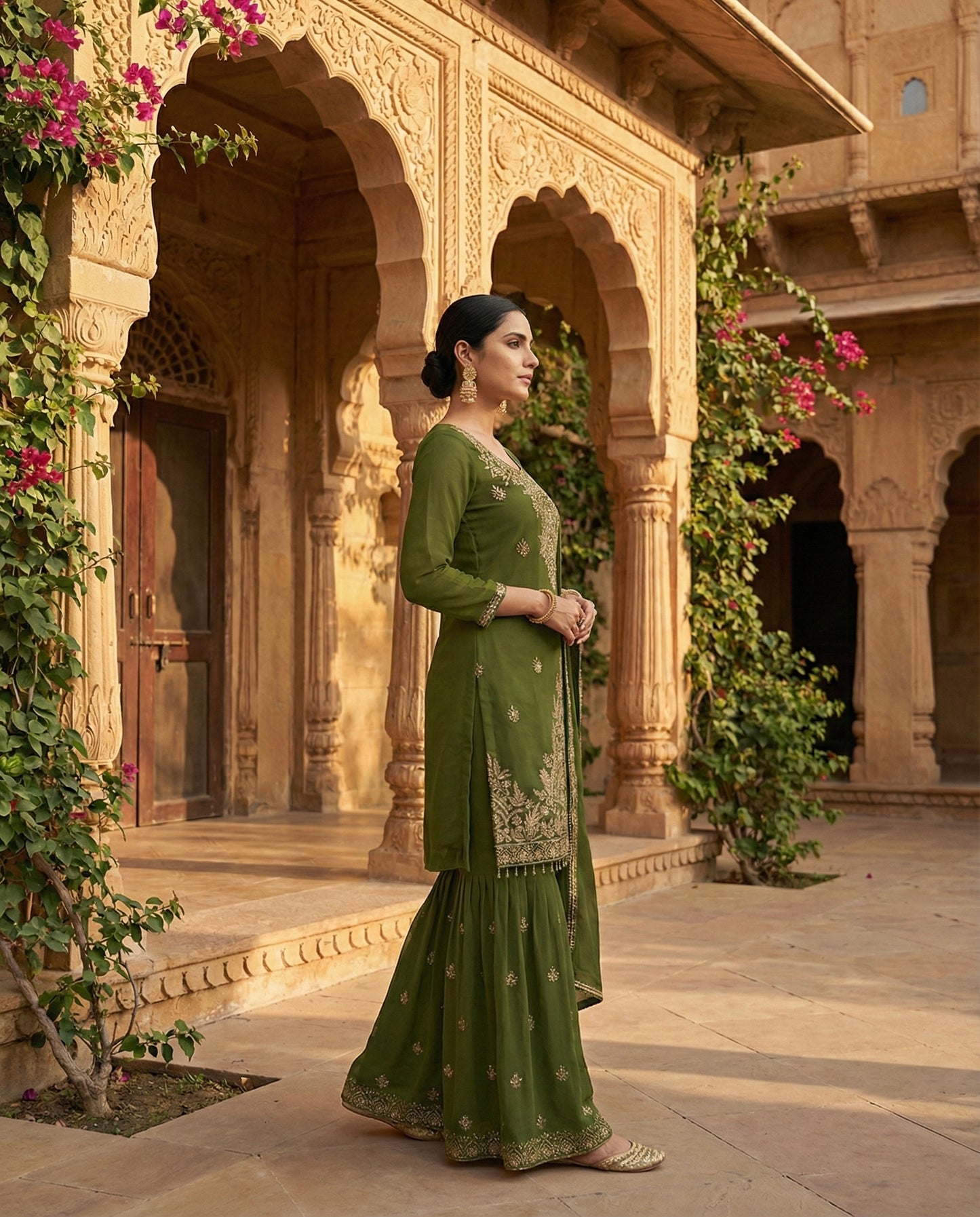 Maithili: Sea Green Embroidered Sharara Set by Velltiska