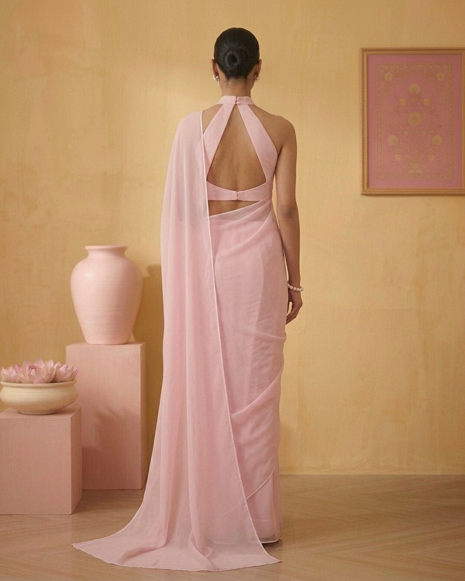Roohi: Pastel Pink Heavy Georgette Saree with White Piping