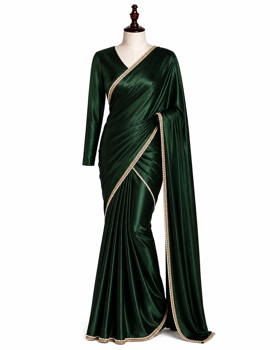 Naazni: Emerald Green Pre Draped Saree by Velltiska with Golden Lace