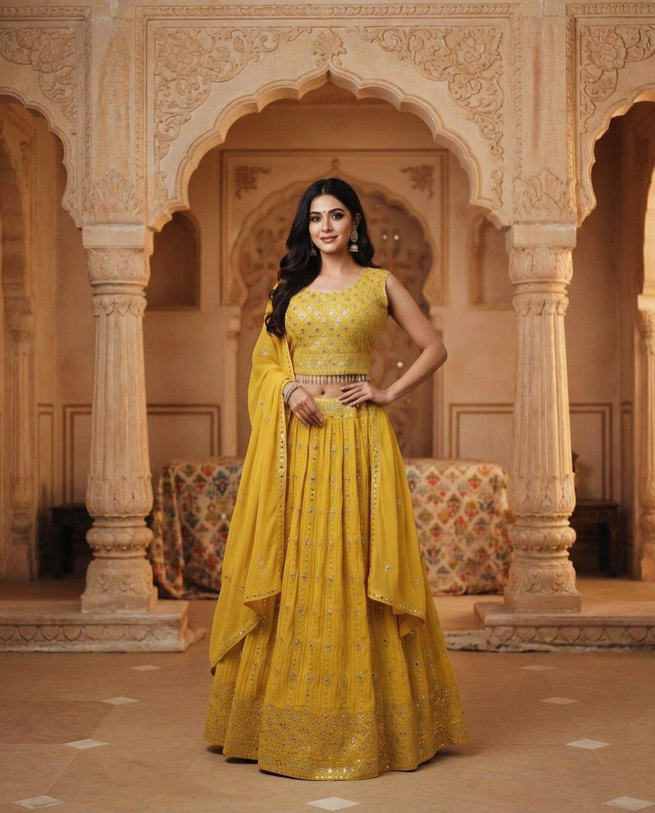 Kanak: Yellow Emboidered Flared Lehenga Set by Velltiska