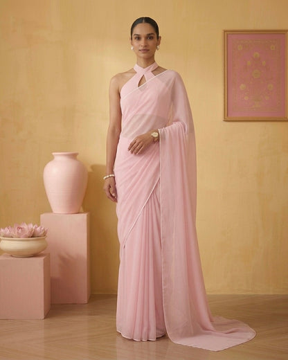 Roohi: Pastel Pink Heavy Georgette Saree with White Piping