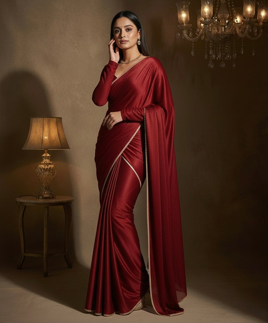 Maharani: Dark Maroon Pre Draped Saree by Velltiska with Golden Lace