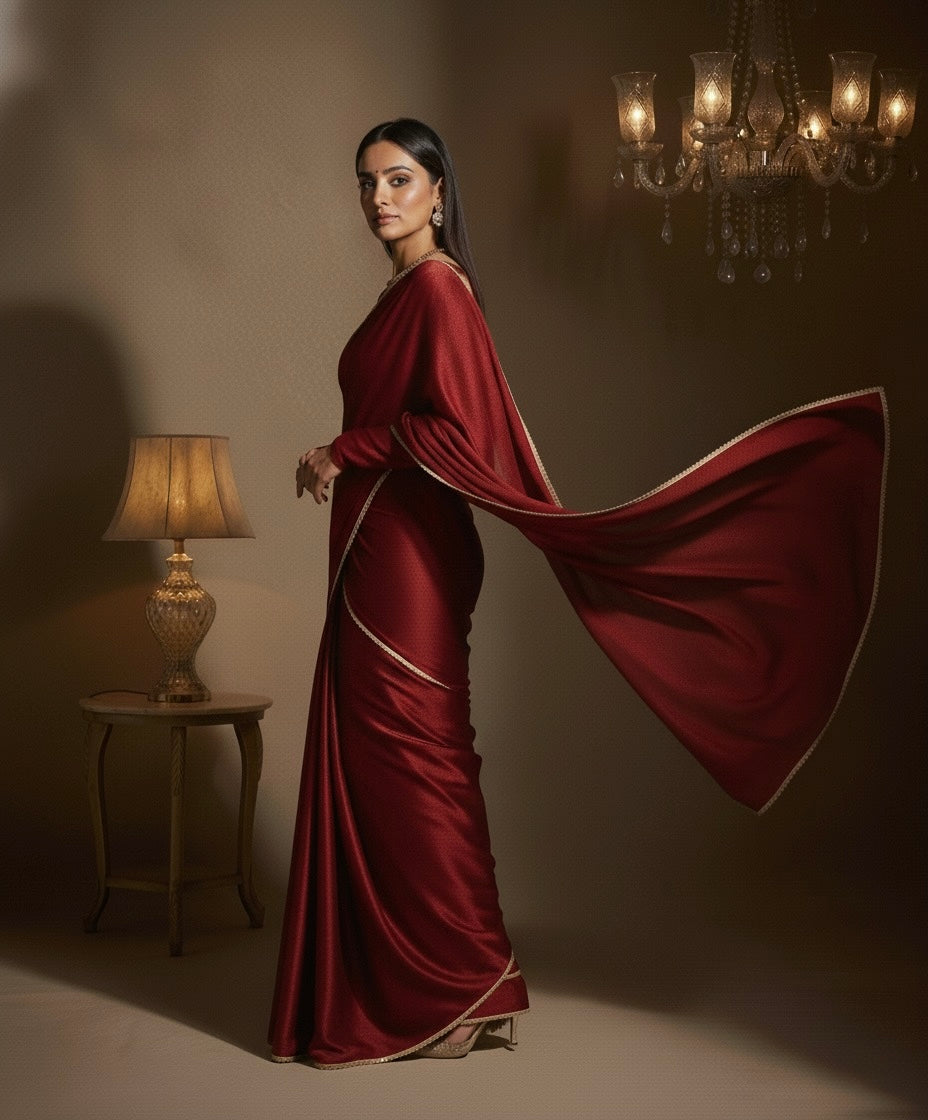 Maharani: Dark Maroon Pre Draped Saree by Velltiska with Golden Lace