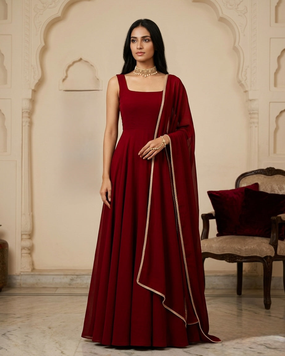Women ethnic red gown with matching dupatta