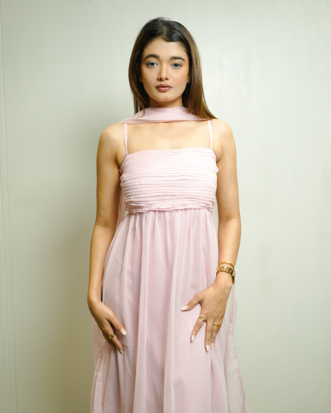 Raspberry Pastel Pink Gown by Velltiska with Scarf