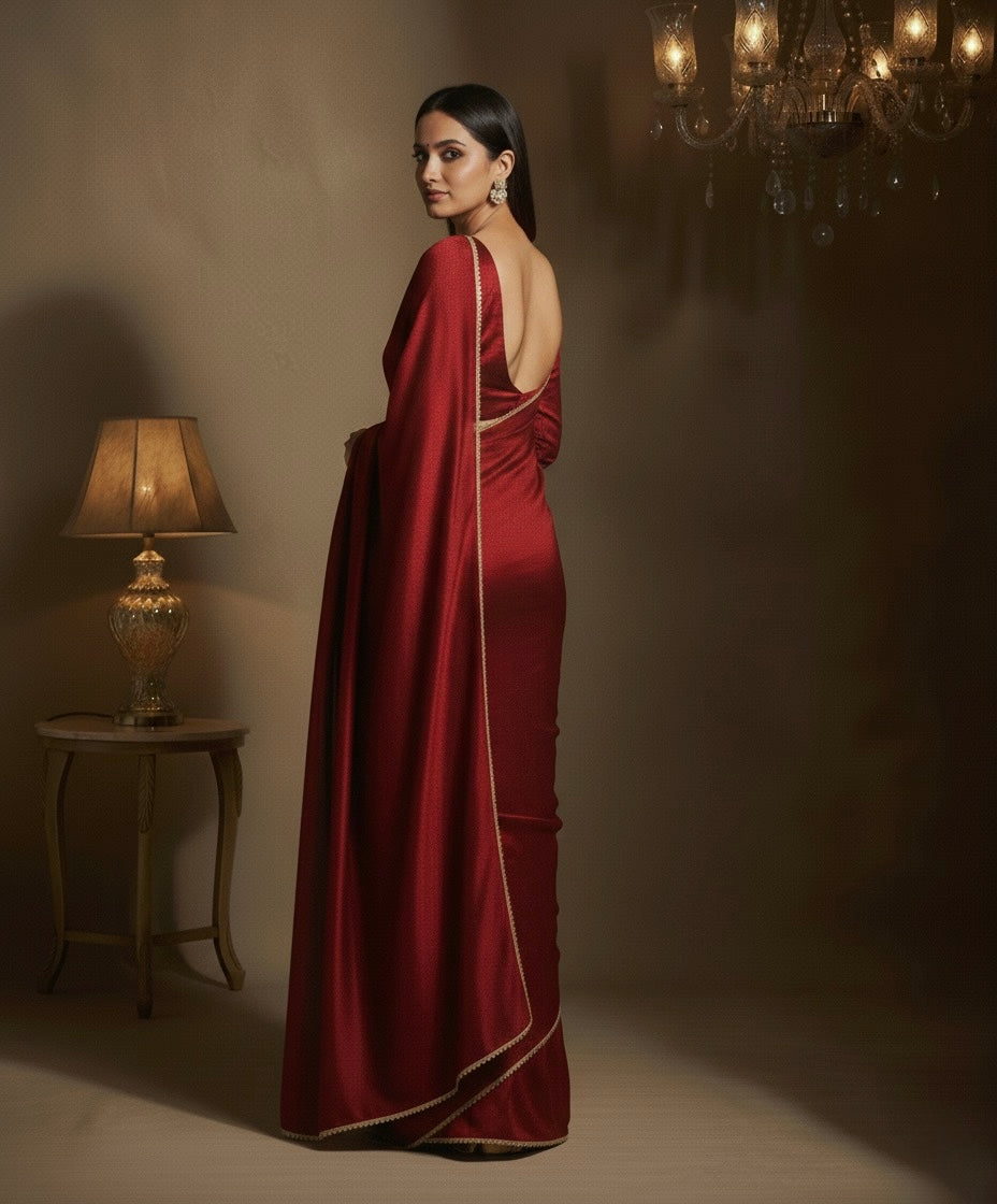 Maharani: Dark Maroon Pre Draped Saree by Velltiska with Golden Lace