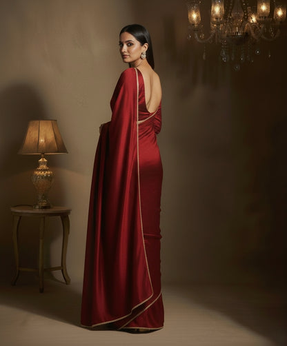 Maharani: Dark Maroon Pre Draped Saree by Velltiska with Golden Lace