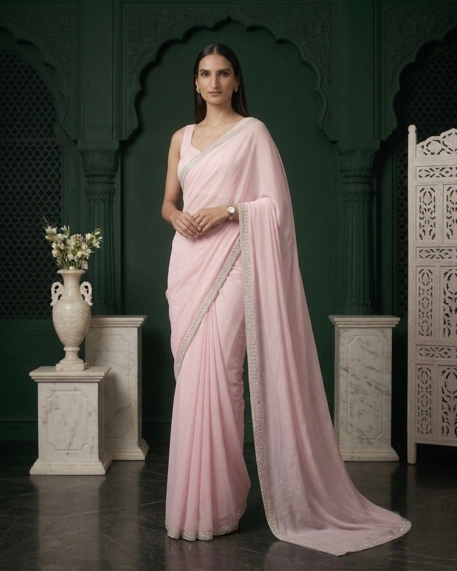 Ramona: Pastel Pink Heavy Georgette Saree with Golden Lace