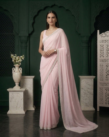 Ramona: Pastel Pink Heavy Georgette Saree with Golden Lace