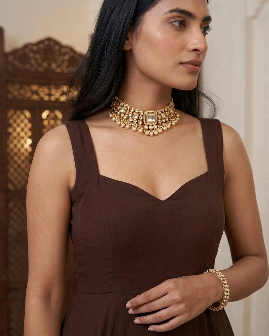 Qahva: Espresso Brown Anarkali Kurta Set with Dupatta by Velltiska