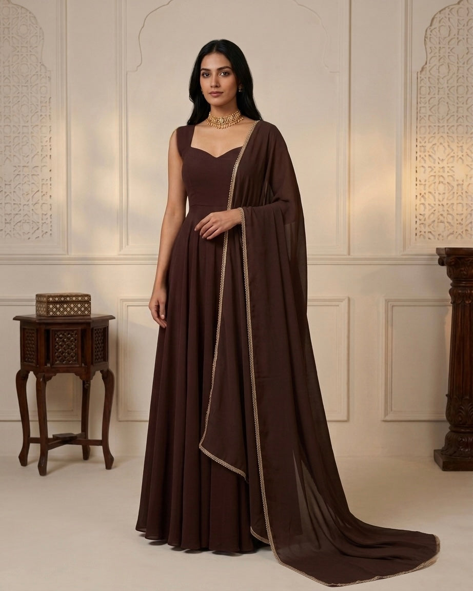 Qahva: Espresso Brown Anarkali Kurta Set with Dupatta by Velltiska