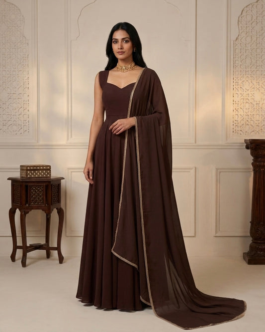 Qahva: Espresso Brown Anarkali Kurta Set with Dupatta by Velltiska