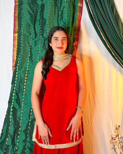 Padmini: Kumkum Red Farshi Salwar Coord Set by Velltiska