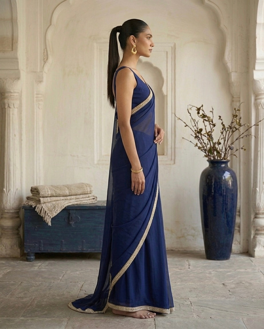 Zayra: Navy Blue Heavy Georgette Saree with Golden Lace