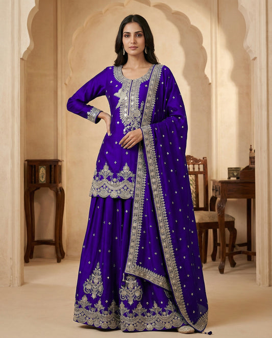 Naqsh: Royal Blue Emboidered Kurta and Skirt Set by Velltiska