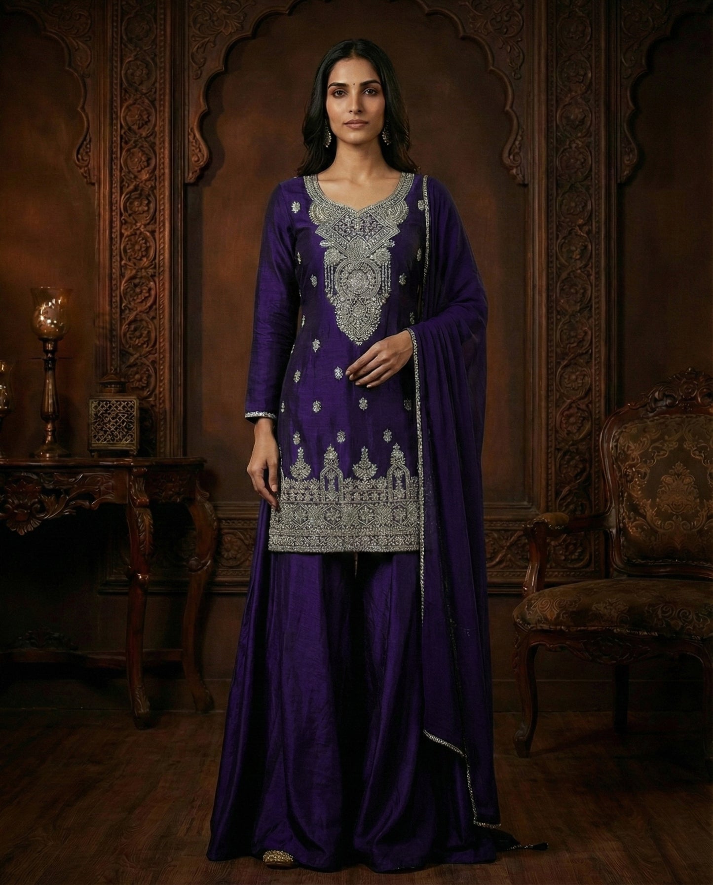 Meera: Royal Indigo Embroidered Sharara Set by Velltiska